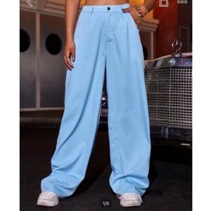 High waist button fly solid pants- sky blue